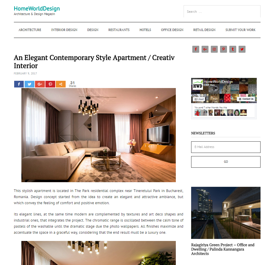 Articol: “An Elegant Contemporary Style Apartment / Creativ Interior” pe homeworlddesign.com