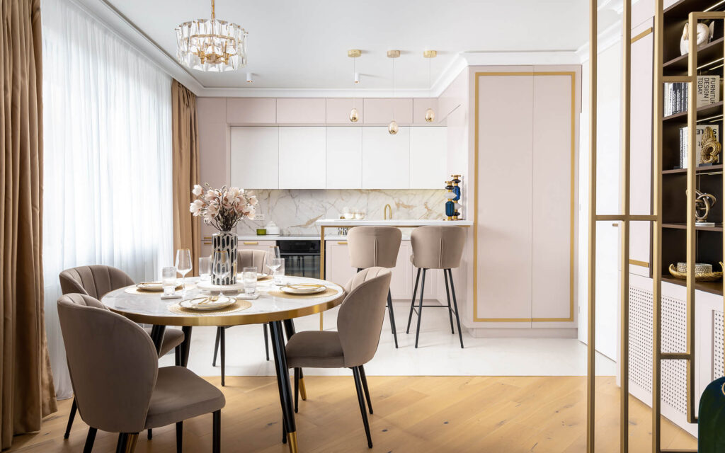 design interior apatament glamour romantic neoclasic elegant bucatarie sufragerie dining